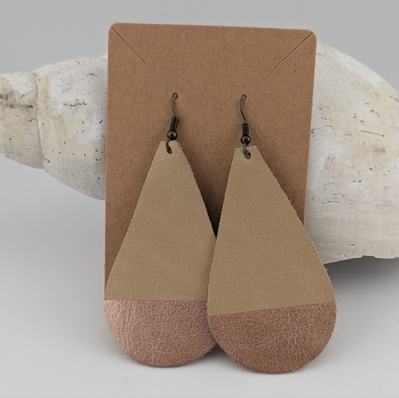 Leather Teardrop Gold & Rose Gold Earrings - Picture 2 of 4